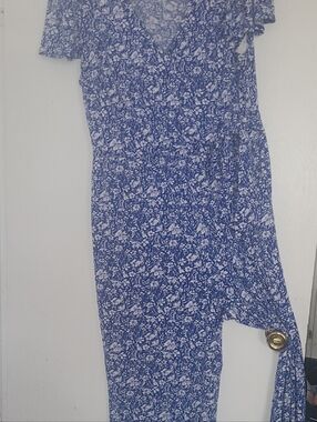 Gilli Blue and White Floral Wrap-Style Jumpsuit
